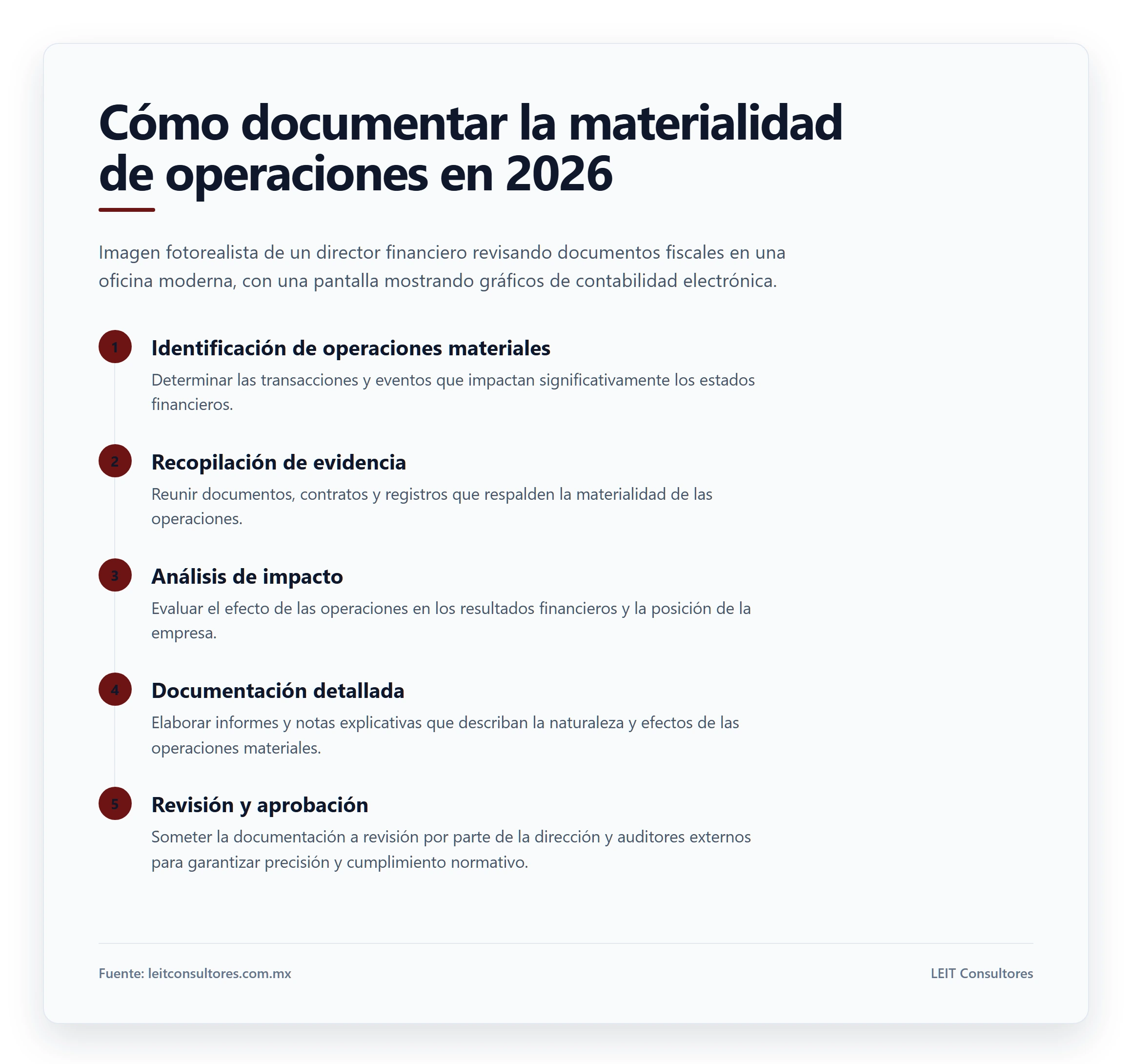 Cómo documentar la materialidad de operaciones en 2026. Imagen fotorealista de un director financiero revisando documentos fiscales en una oficina moderna, con una pantalla mostrando gráficos de contabilidad electrónica