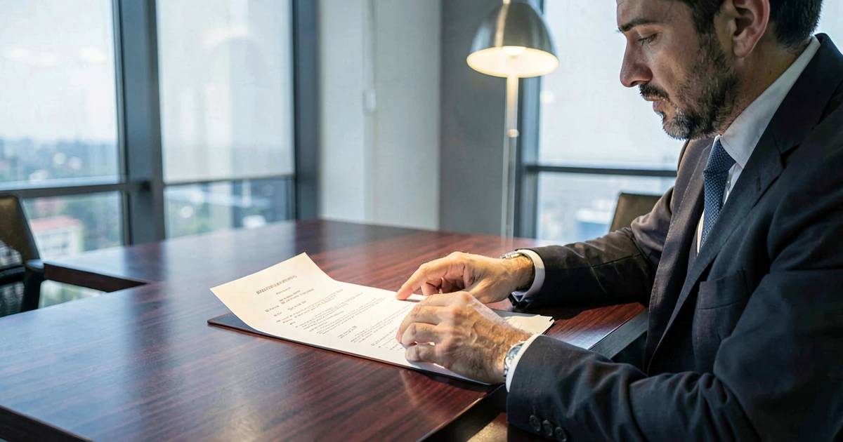 Ejecutivo en oficina moderna revisando documentos legales sobre un escritorio de caoba con iluminación profesional