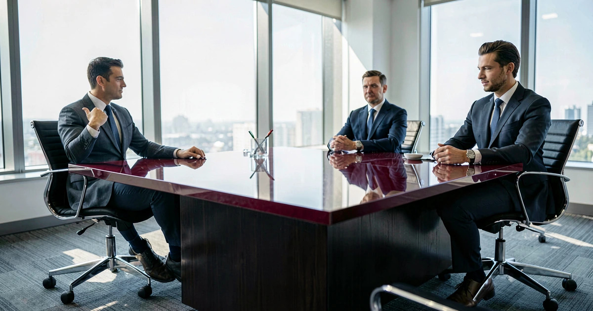 Sala de juntas moderna con mesa de cristal minimalista, detalles en color burdeos, acabados metálicos y luz natural suave