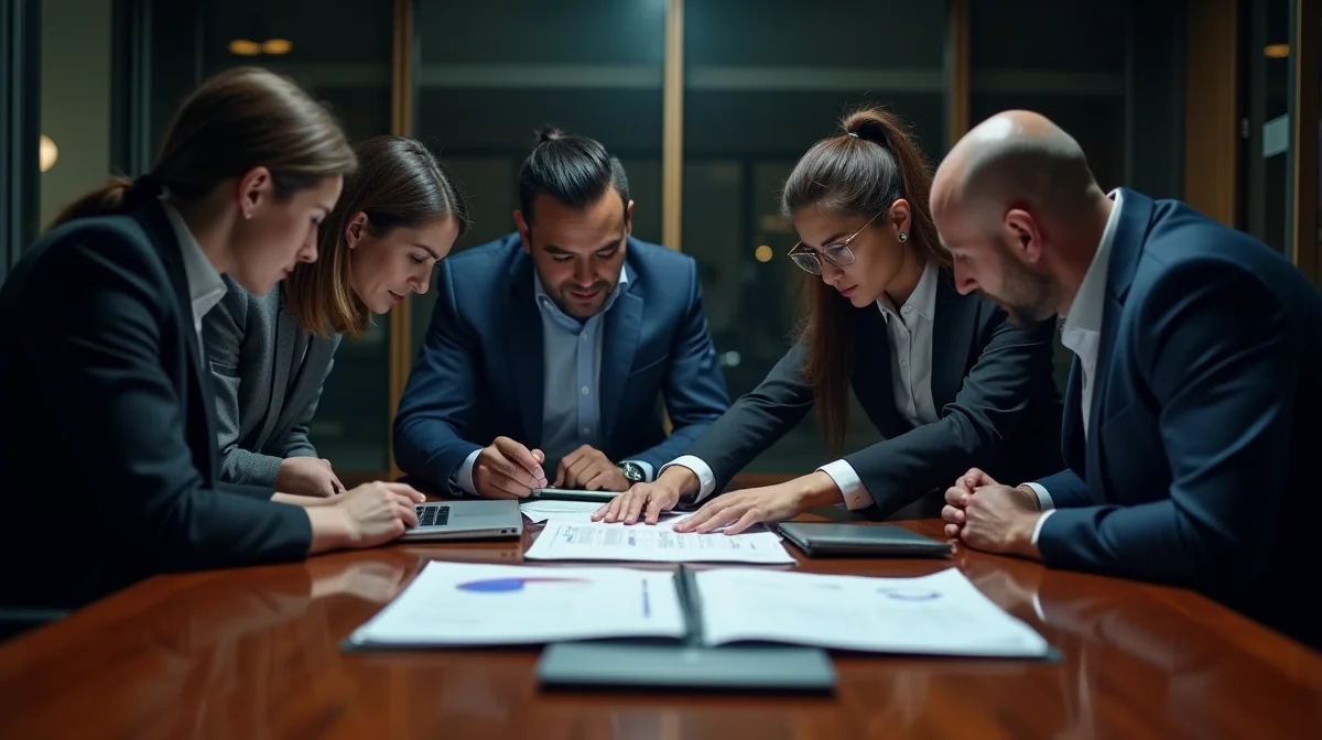 Imagen ilustrativa sobre Una fotografía de un equipo de trabajo reunido alrededor de una mesa, discutiendo y analizando documentos, simbolizando la colaboración y el cumplimiento normativo en el lugar de trabajo. para el artículo Cumplimiento Normativo Empresarial 2026