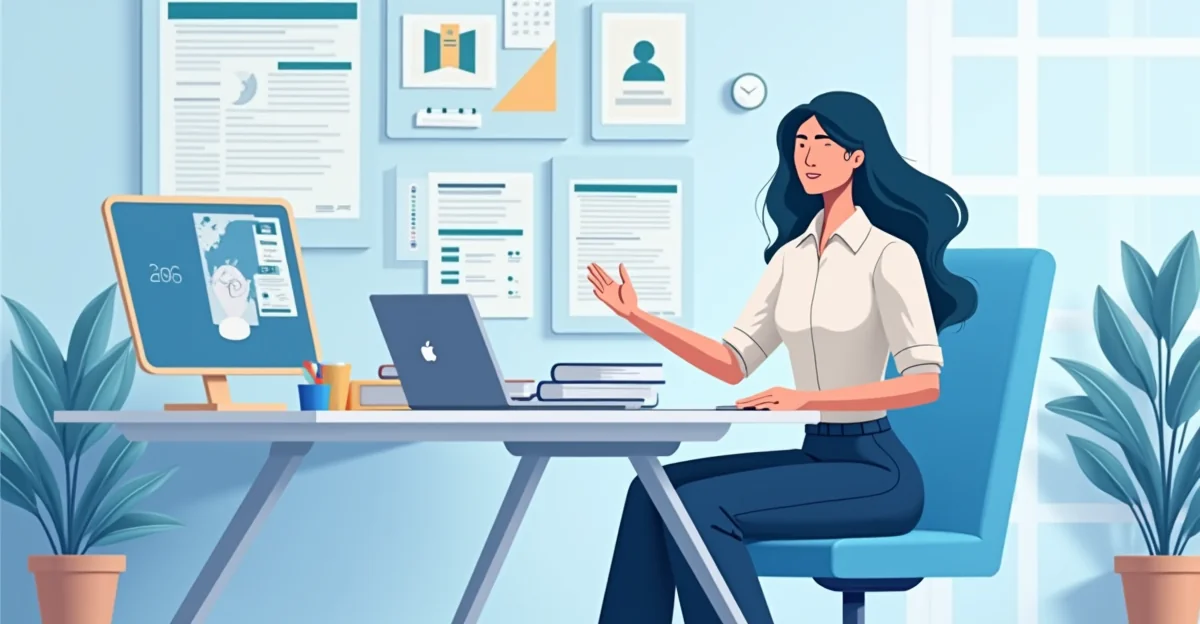 Imagen ilustrativa sobre Una ilustración de una persona en un entorno de oficina, rodeada de documentos y tecnología, representando la importancia del cumplimiento normativo en la actividad empresarial. para el artículo Cumplimiento Normativo Empresarial 2026