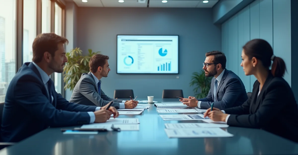 Imagen ilustrativa sobre Ilustración fotorealista de un equipo de ejecutivos y asesores fiscales analizando documentos y gráficos financieros en una sala de juntas moderna, con un enfoque en transparencia y trazabilidad. para el artículo Estructuración Tributaria Empresarial 2026: Guía para Empresas en México