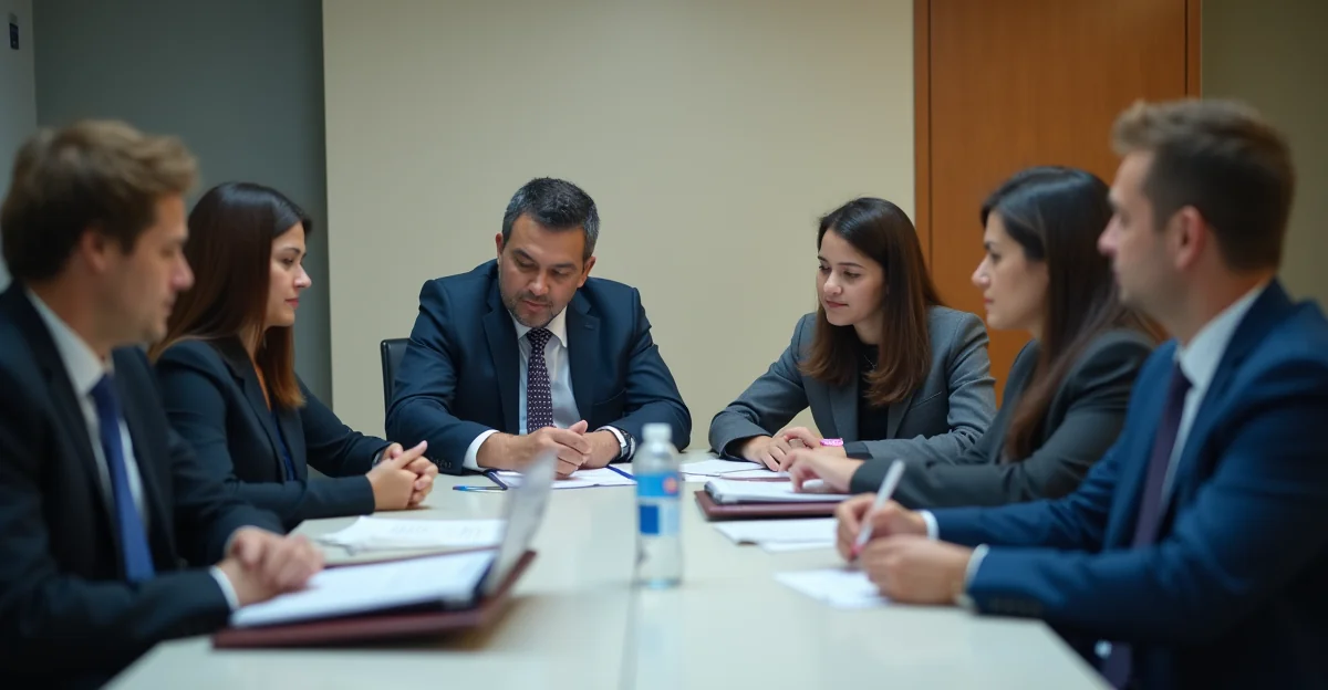 Fotografía de una sala de juntas con ejecutivos revisando documentos fiscales, sin texto en la imagen