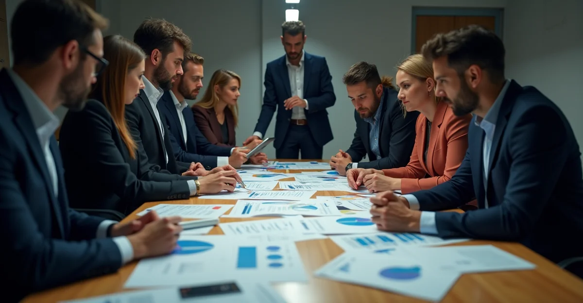 Imagen ilustrativa sobre Ilustración fotorealista de un equipo de dueños de pymes analizando documentos fiscales en una oficina moderna, con gráficos de impuestos y calculadoras en una mesa. Enfoque en profesionalismo y colaboración. para el artículo Estructuración tributaria para pymes en México 2026: Guía práctica