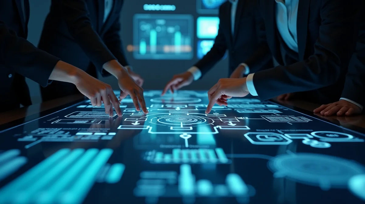Imagen ilustrativa sobre Fotografía profesional de un equipo de consultores fiscales revisando documentos en una sala de juntas moderna. Enfócate en manos señalando gráficos de flujos de procesos (ej: diagramas de compliance) y pantallas con datos financieros. Ambiente colaborativo, sin texto. para el artículo Estructuración Tributaria vs. Cumplimiento Normativo: ¿Cuál Priorizar en 2026?