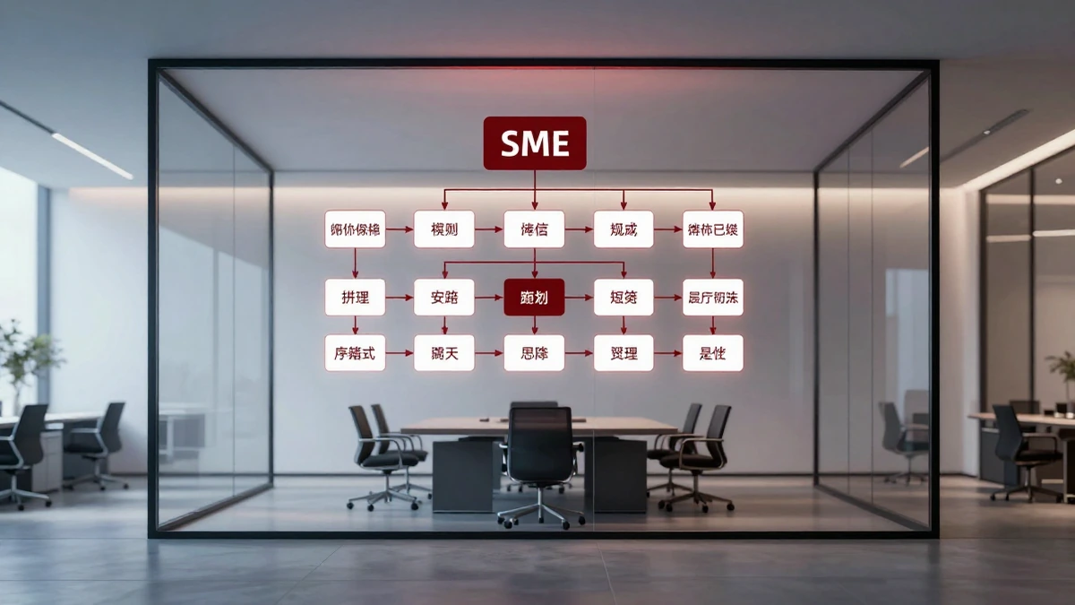 Sala de juntas moderna con organigrama 3D en vidrio mostrando roles clave de gobierno corporativo en una Pyme
