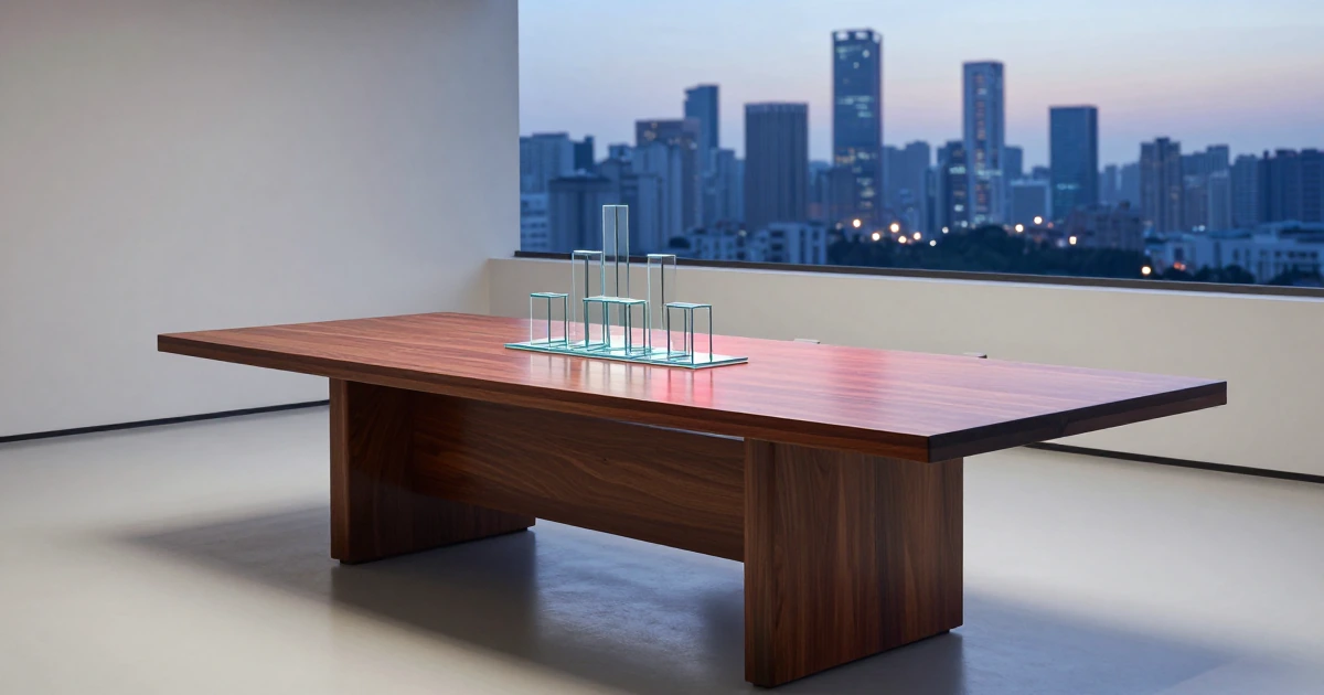 Mesa de junta directiva de caoba oscura con modelos de vidrio arquitectónicos en un espacio minimalista con vista a un