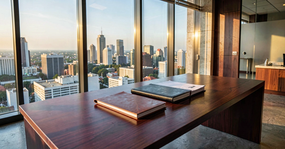 Escritorio de caoba con portafolio de cuero y carpetas legales sobre una oficina moderna con vista al horizonte de CDMX