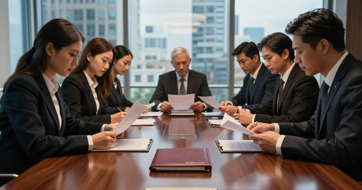 Equipo de ejecutivos revisando documentos corporativos en una sala de juntas con mesa de madera e iluminación cálida