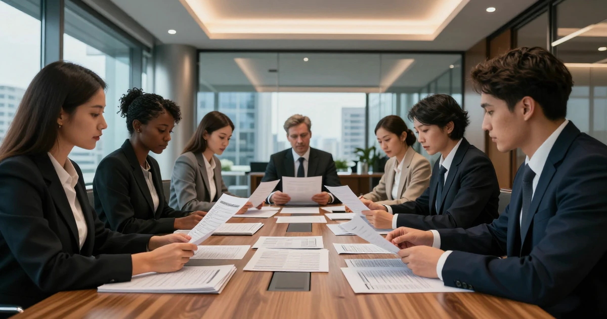 Equipo diverso colaborando en una mesa de conferencias, analizando documentos fiscales en una oficina moderna con vista a la
