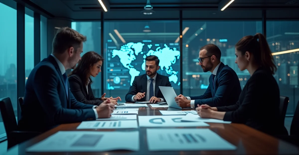 Imagen ilustrativa sobre Ilustración fotorealista de un equipo de consultores fiscales analizando documentos financieros y gráficos de optimización tributaria en una oficina corporativa moderna. Enfócate en elementos como gráficos de ahorro, documentos legales y un ambiente profesional. para el artículo 5 Ventajas Clave de la Estructuración Tributaria en México 2026
